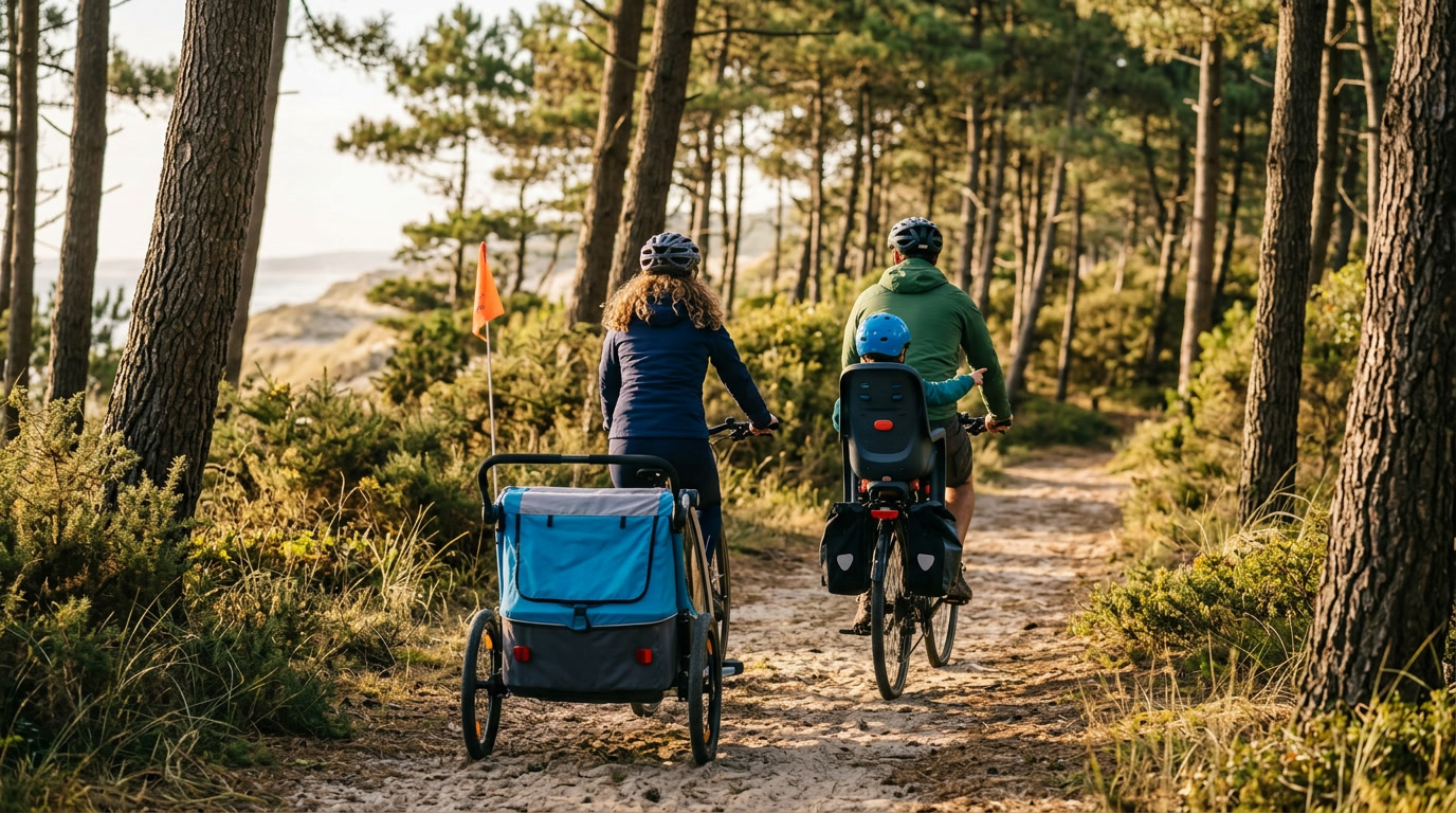 Famille à vélo en pleine balade sur une piste côtière avec siège enfant et remorque